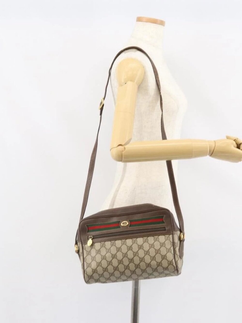 GUCCI GG Supreme Web Sherry Line Shoulder Bag PVC Beige 119 02 088 Auth 162979